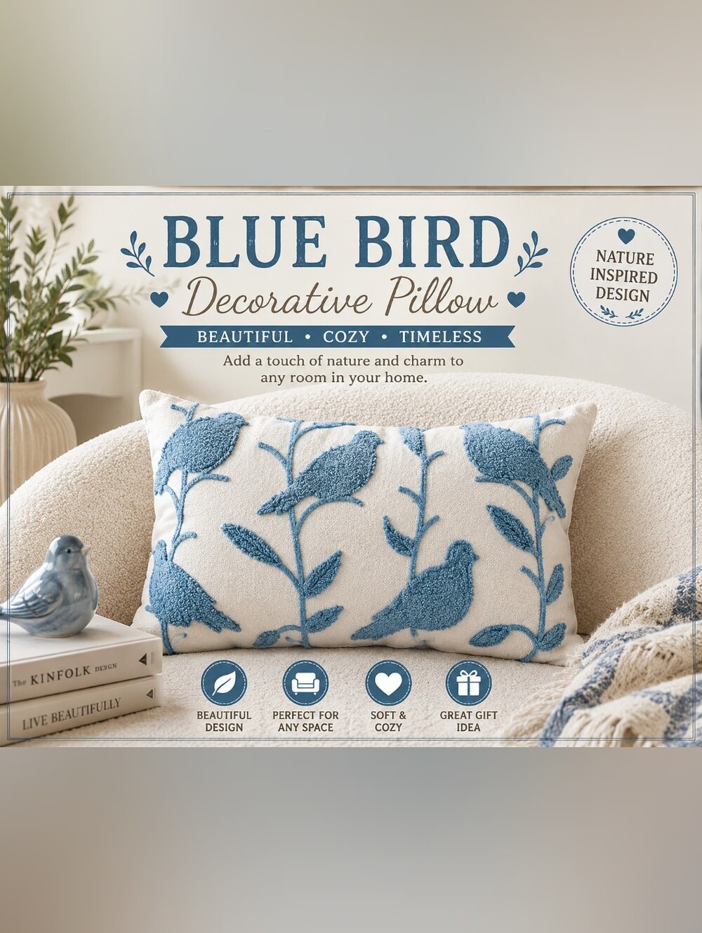 Blue Bird Blue and Cream Bird Embroidered Throw Pillow With Insert